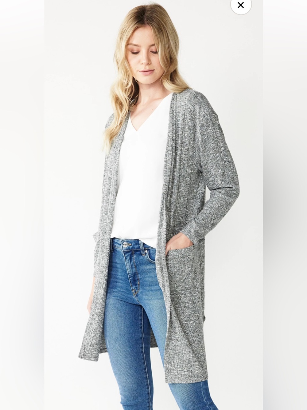 Grey Open-Front Longline Cardigan Sweater